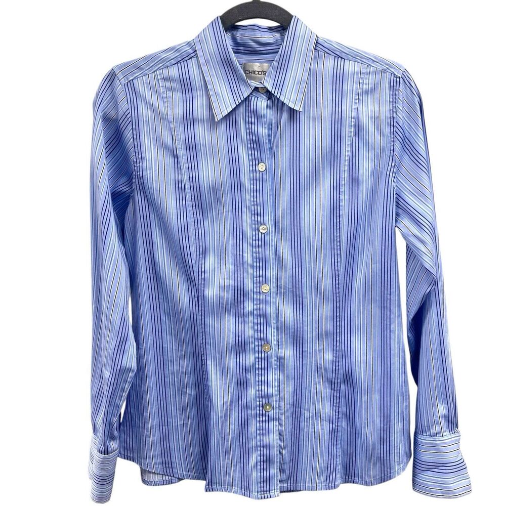 Chico’s 0 Women's Size Small Blue‎ Striped Long Sleeve Button Up Dress Shirt